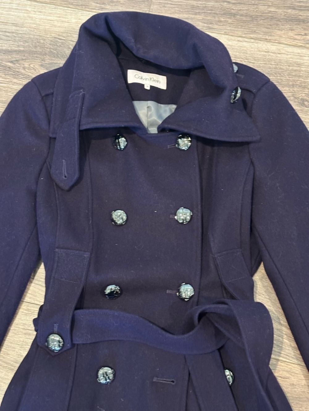 Calvin Klein Double-Breasted Pea Coat with Tie in Deep Plum Size 10 - Picture 3 of 7